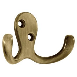 Robe Hook, Double Prong, Antique Brass, 1.25 x 3.75 x 6.5-In., 2-Pk.