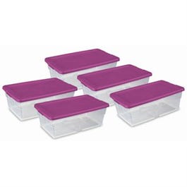 Storage Box Set, Clear/Fuchsia Lid, 6-Qt., 5-Pk.