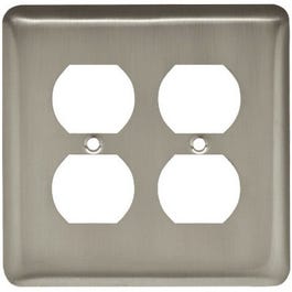 Duplex Wall Plate, 2-Gang, Stamped, Round, Satin Nickel Steel