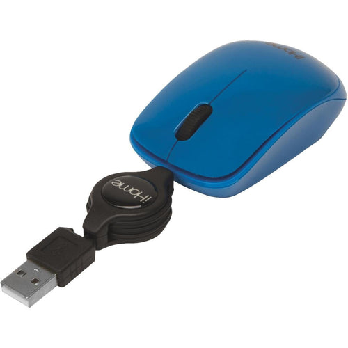 iHome Blue Retractable Cord USB Travel Mouse